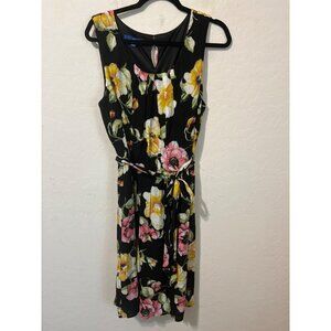 Apt. 9 XL Black Sleeveless Dress Bright Floral Pattern Fit and Flare Lined Belte